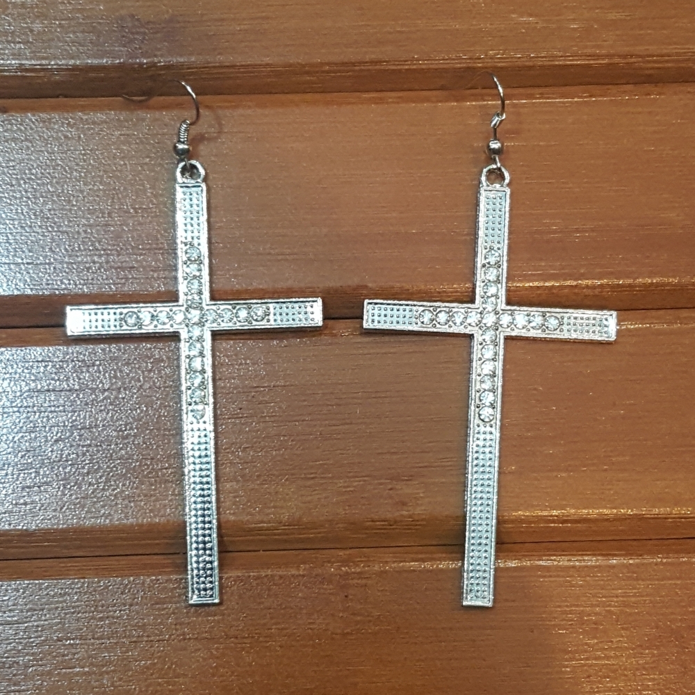 METAL MESH & RHINESTONE CROSS EARRINGS